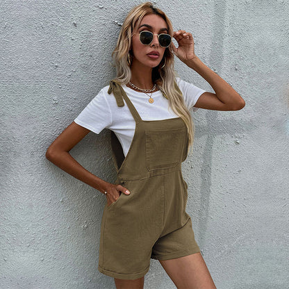 Loose Cotton-Linen Bib Short Overalls with Tie-Up Straps