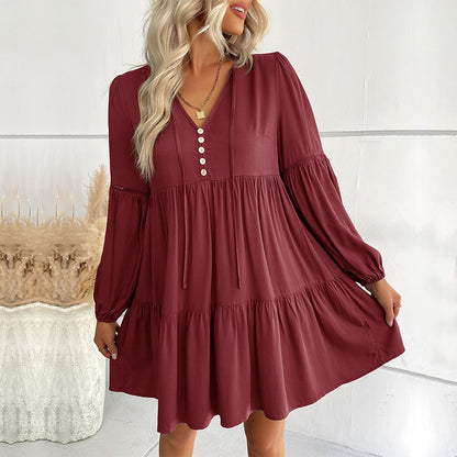 Loose Tiered Mini Dress with V-Neck and Button Front