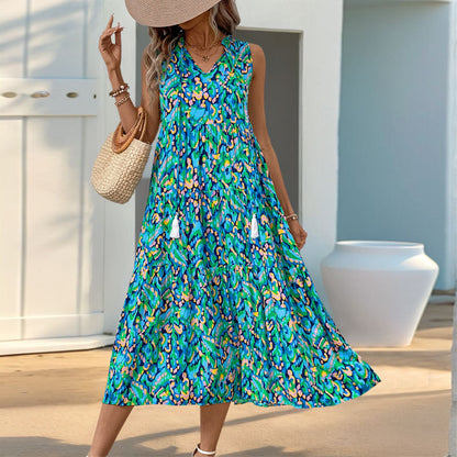 Abstract Print Tiered Midi Dress with Tassel V-Neck