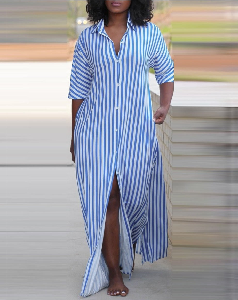 Striped Button-Front Maxi Shirt Dress with V-Neck