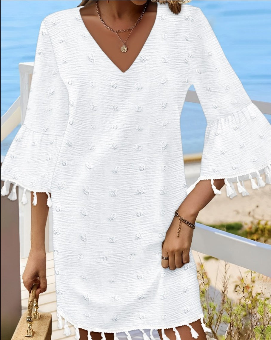 Loose Fit V-Neck Mini Dress with Tassel Bell Sleeves