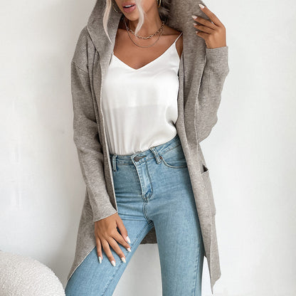Long Open-Front Cardigan with Hood and Ribbed Knit