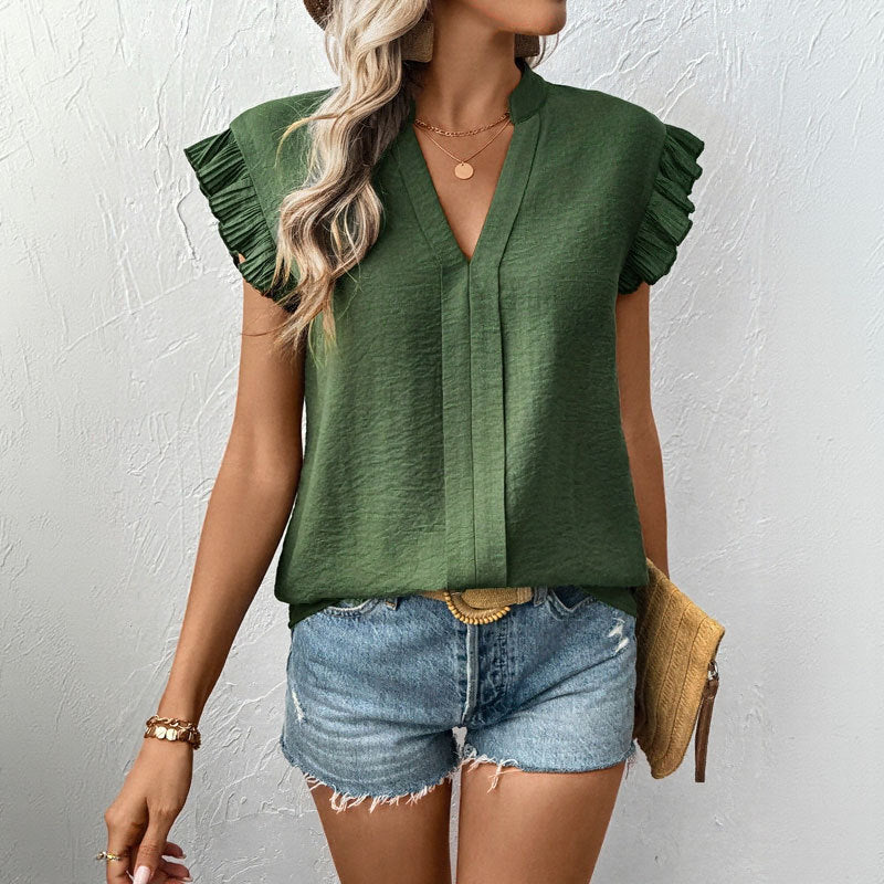 Solid Blouse with V-Neck, Flutter Sleeves, and Pleats
