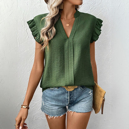 Solid Blouse with V-Neck, Flutter Sleeves, and Pleats