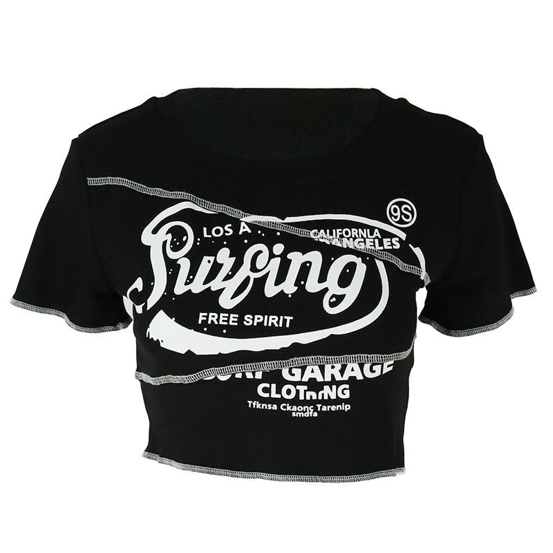 Cropped Letter Print T-Shirt with Exposed Seams