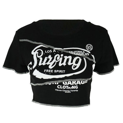 Cropped Letter Print T-Shirt with Exposed Seams