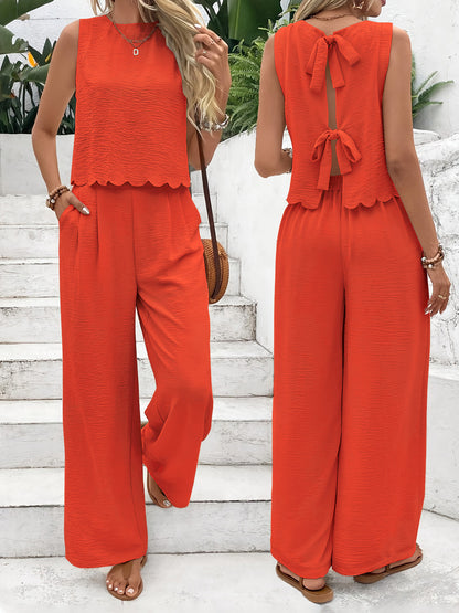 Textured Sleeveless Pants Set with Scalloped Hem and Tie-Back