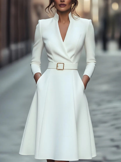 A-Line Midi Dress with Wrap V-Neck and Belted Waist