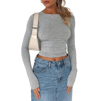 Slim Fit Long Sleeve Crewneck Top in Solid Colors