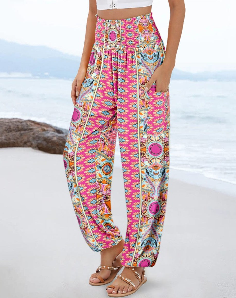 Bohemian Print Harem Pants with Smocked High Waist