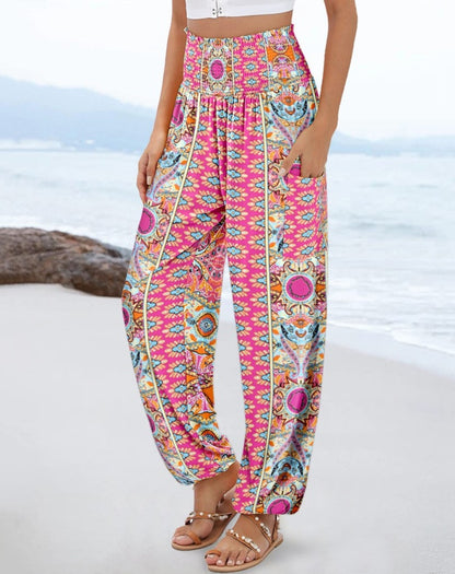 Bohemian Print Harem Pants with Smocked High Waist