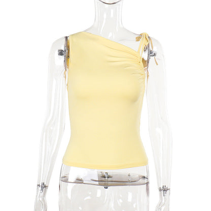 Solid Color Slim Fit Vest Top with Ruched Side and Shoulder Tie