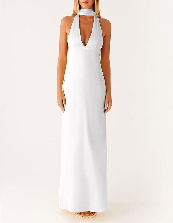 Halter Sheath Maxi Dress with Choker Collar and V-Neck