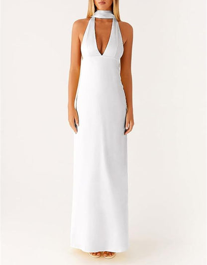 Halter Sheath Maxi Dress with Choker Collar and V-Neck