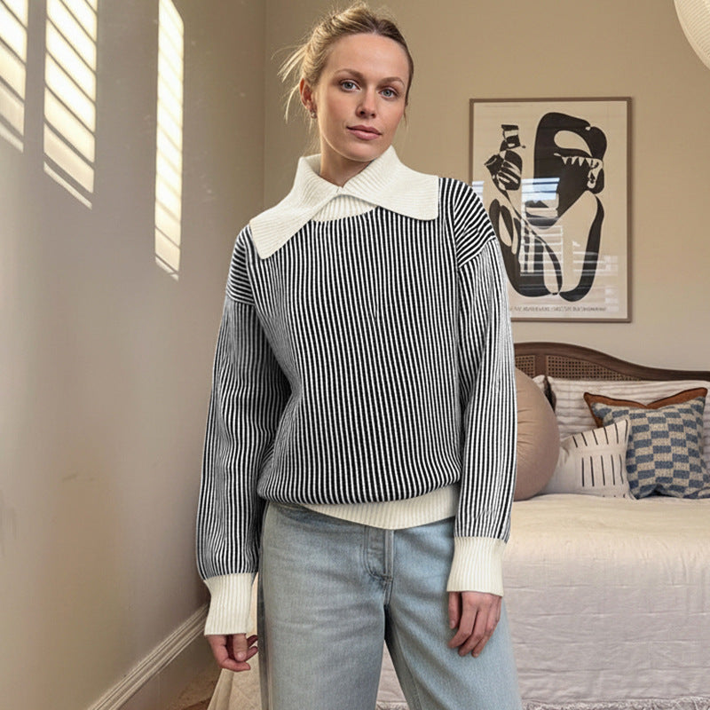 Striped Knit Pullover with Oversized Collar