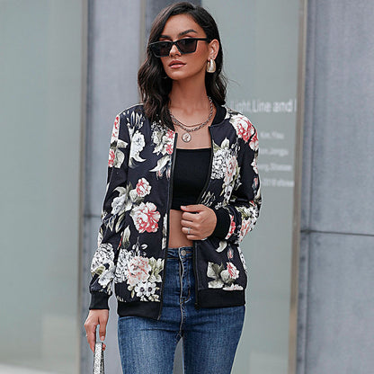Floral Print Zip-Up Bomber Jacket with Ribbed Trim