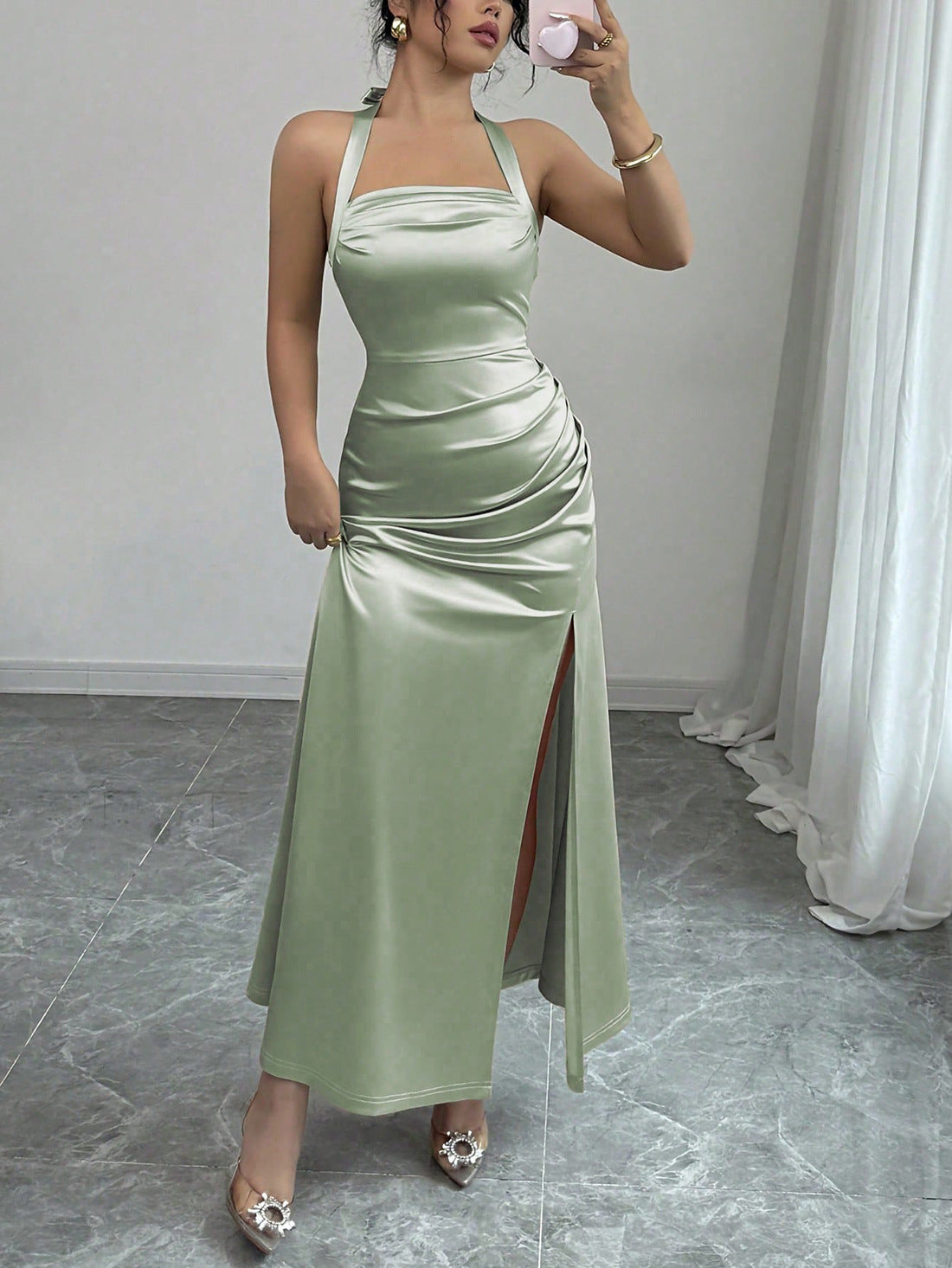 Ruched Satin Maxi Dress with Halterneck and Side Slit
