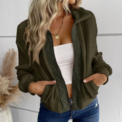 Solid Lamb Fleece Bomber Jacket with Lapel Collar