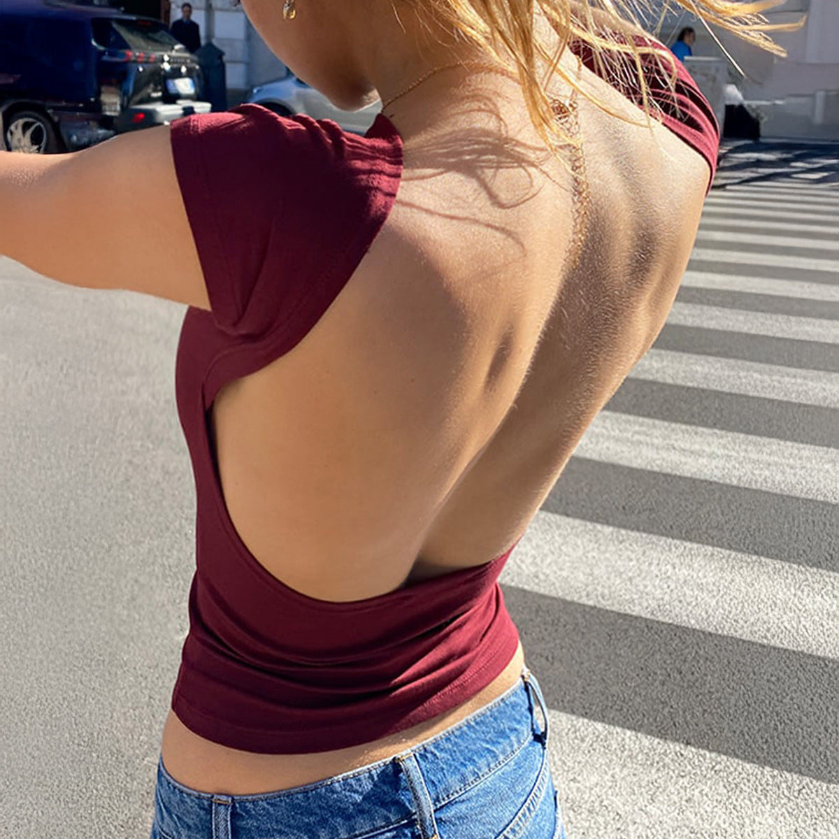 Solid Bodycon Cropped Top with Deep Open Back and Short Sleeves