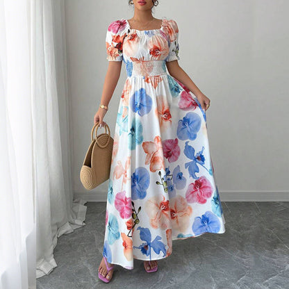 Floral Print A-Line Maxi Dress with Puff Sleeves and Smocked Waist