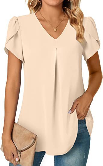 Solid V-Neck Blouse with Petal Sleeves and Pleated Front