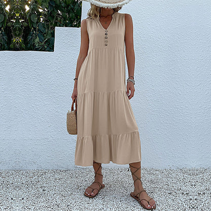 Solid A-Line Tiered Midi Dress with V-Neck and Sleeveless
