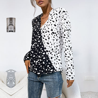 Color-Block Leopard Print Blouse with V-Neck and Long Sleeves