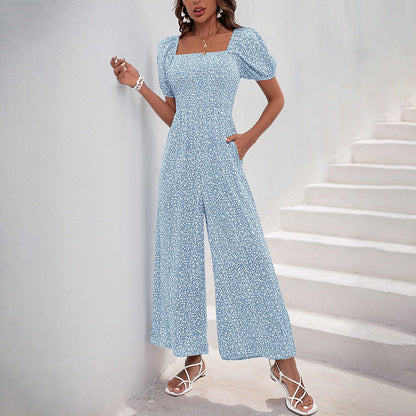 Floral Wide-Leg Jumpsuit with Square Neck and Puff Sleeves