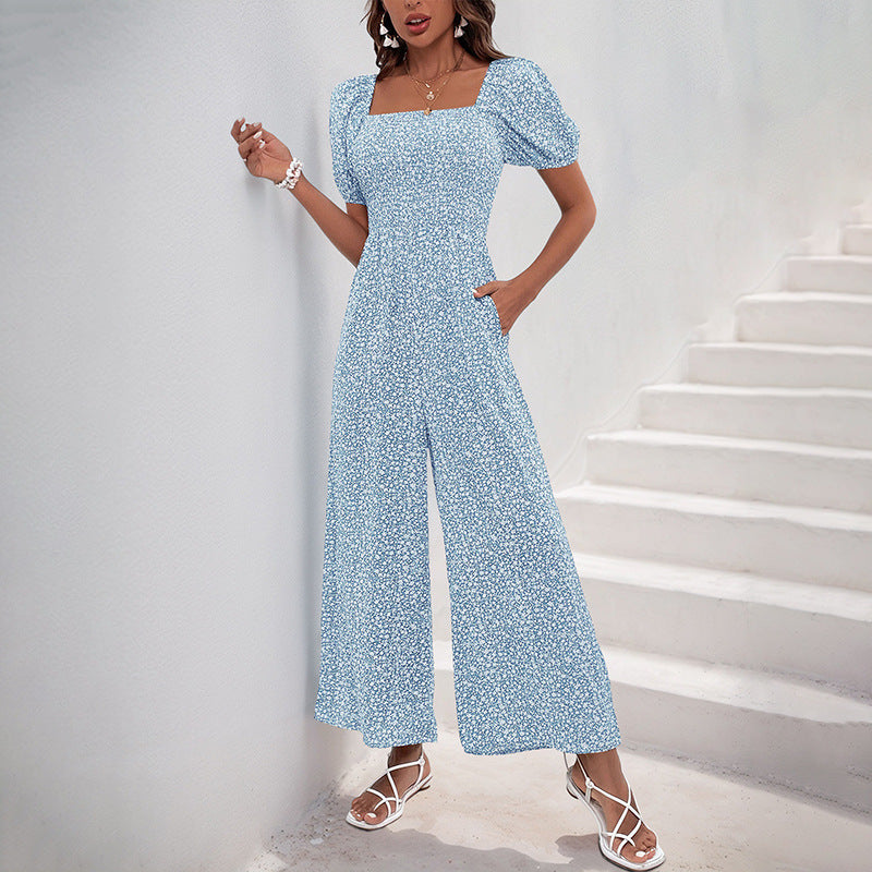 Smocked Floral Jumpsuit with Square Neck and Wide Legs