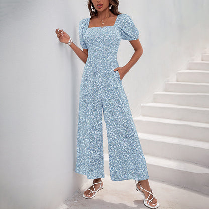 Smocked Floral Jumpsuit with Square Neck and Wide Legs