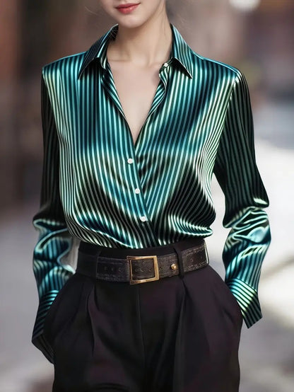 Silky Striped Blouse with Crossover V-Neck