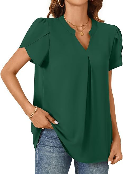 Solid V-Neck Blouse with Petal Sleeves and Pleated Front