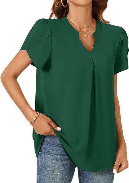 Solid V-Neck Blouse with Petal Sleeves and Pleated Front