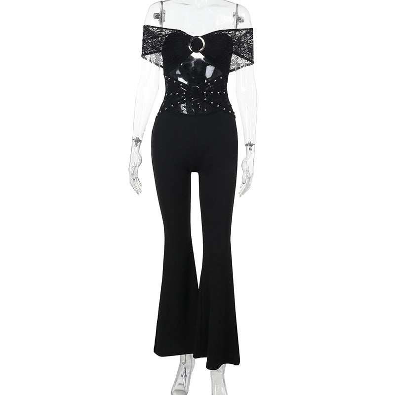 One-Shoulder Lace Cut-Out Jumpsuit Black