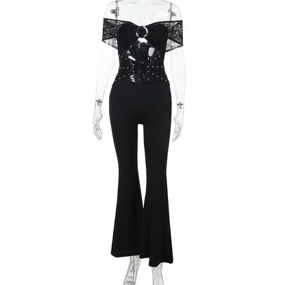 One-Shoulder Lace Cut-Out Jumpsuit Black