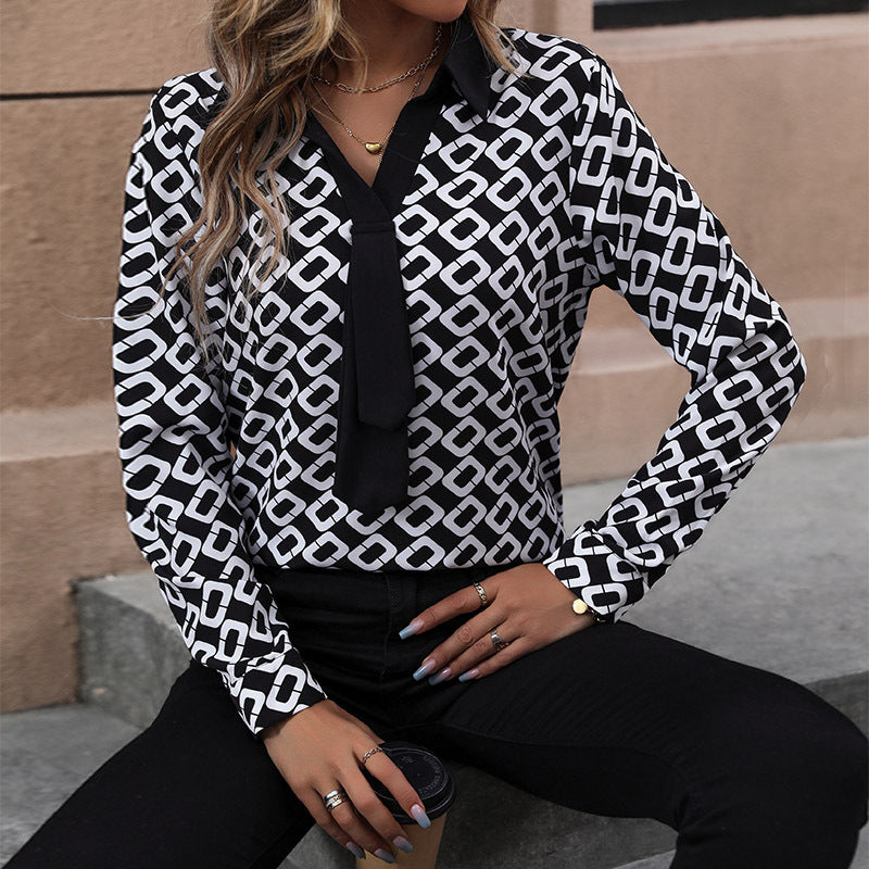 Geometric Print Blouse with Contrast V-Neck