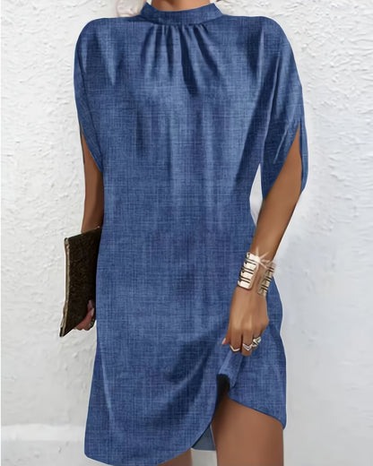 Floral Print Shift Dress with Mock Neck and Bat Sleeves