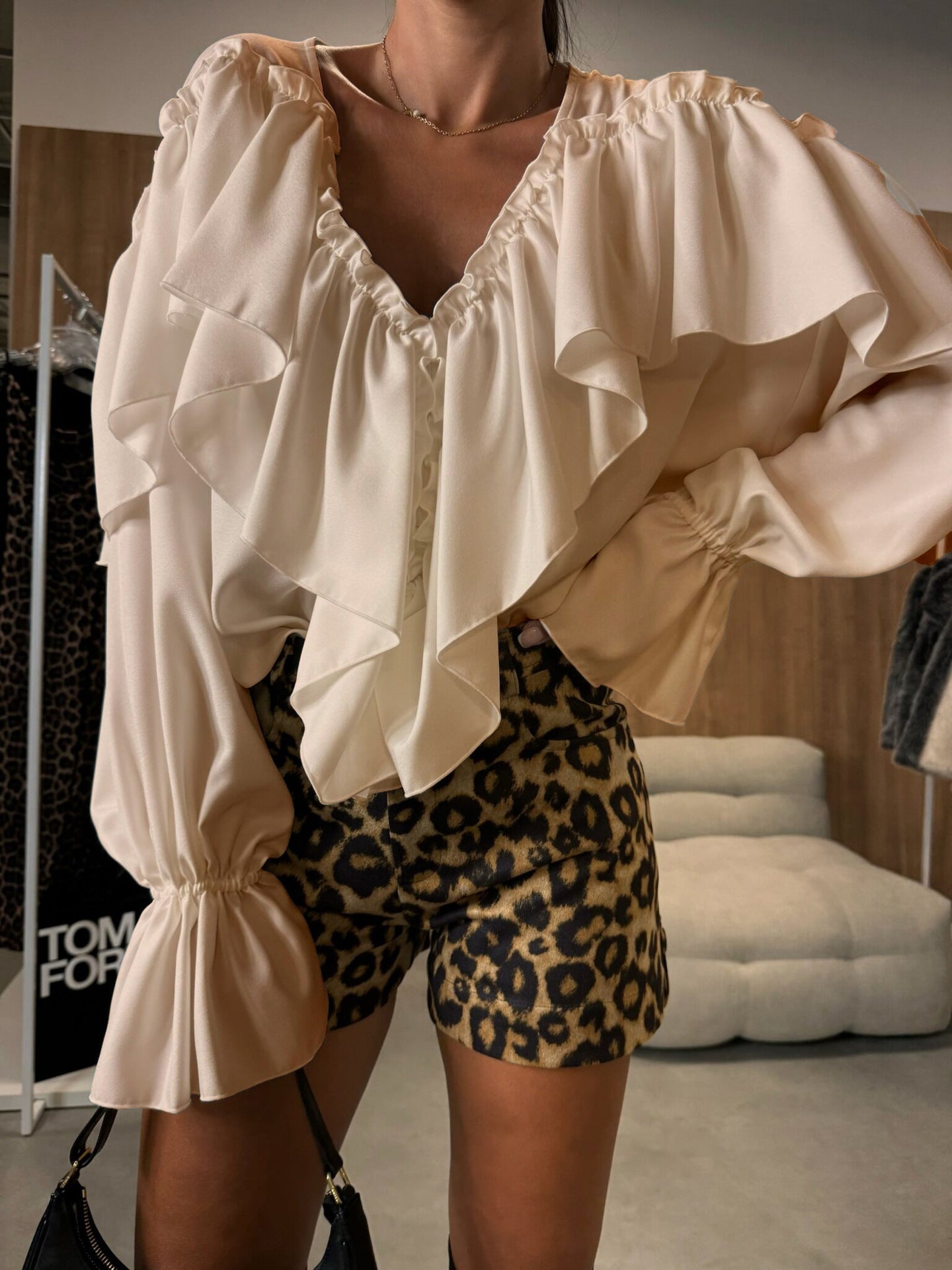 Voluminous Ruffled V-Neck Blouse with Long Sleeves