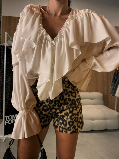 Voluminous Ruffled V-Neck Blouse with Long Sleeves
