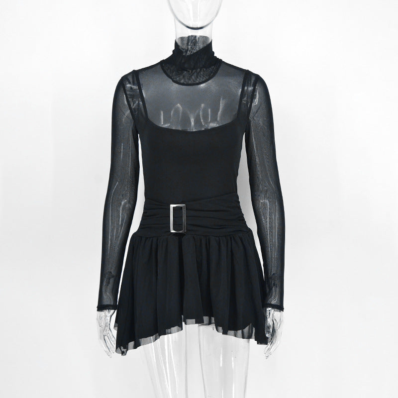 Solid Sheer Mesh Mini Dress with Mock Neck and Buckle