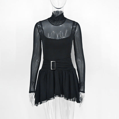 Solid Sheer Mesh Mini Dress with Mock Neck and Buckle