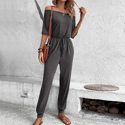 Relaxed Off-Shoulder Jumpsuit with Drawstring Jogger Pants