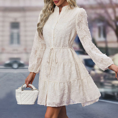 A-Line Lace Mini Dress with Stand Collar and Puff Sleeves