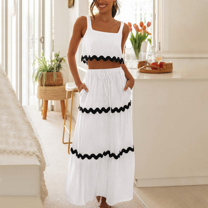 Sleeveless Crop Top & Tiered Maxi Skirt Set with Scalloped Trim