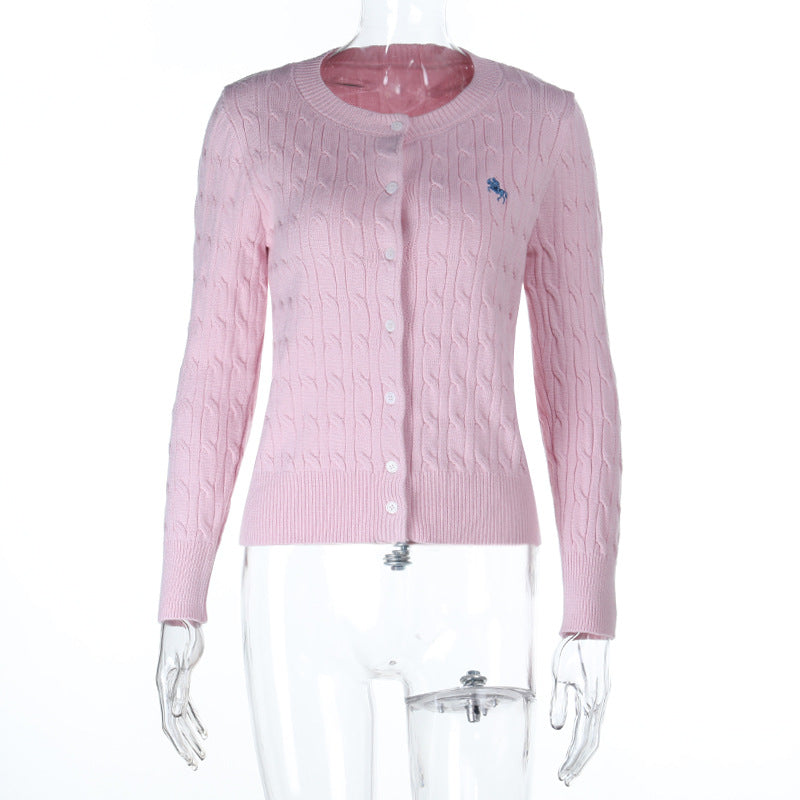 Cable Knit Cardigan with Horse Embroidery and Round Neck