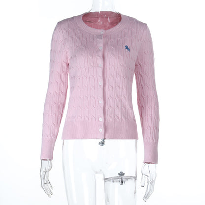 Cable Knit Cardigan with Horse Embroidery and Round Neck