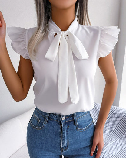 Solid Blouse with Tie-Neck and Ruffle Sleeves
