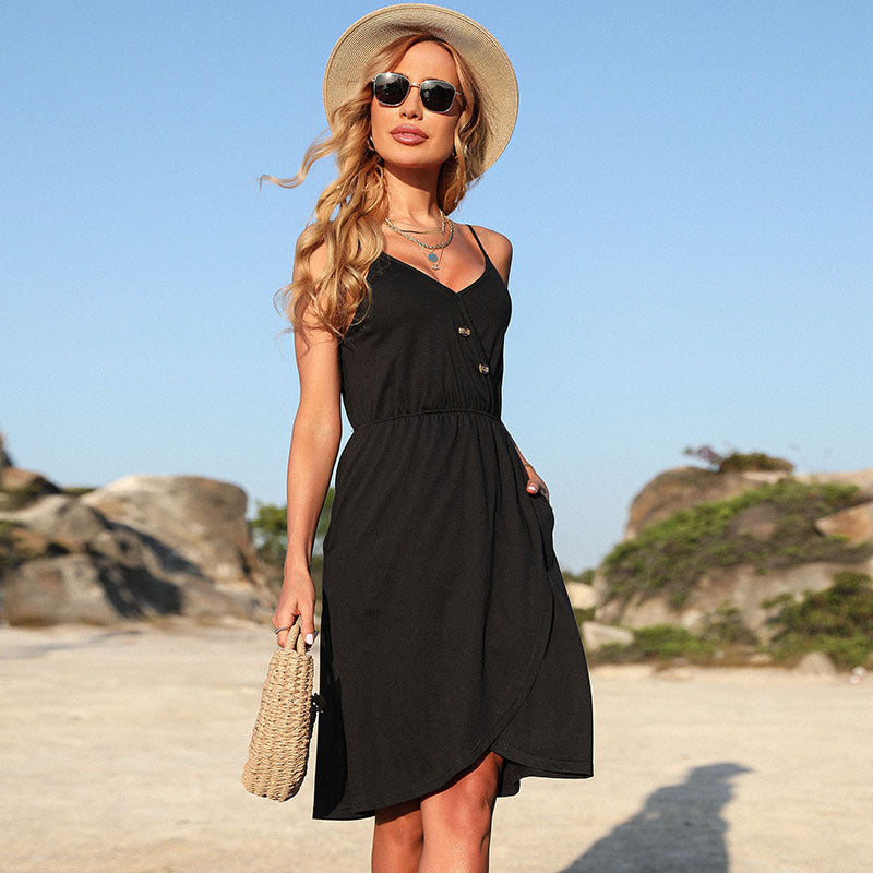 Solid V-Neck Midi Dress with Irregular Hem and Button Detail