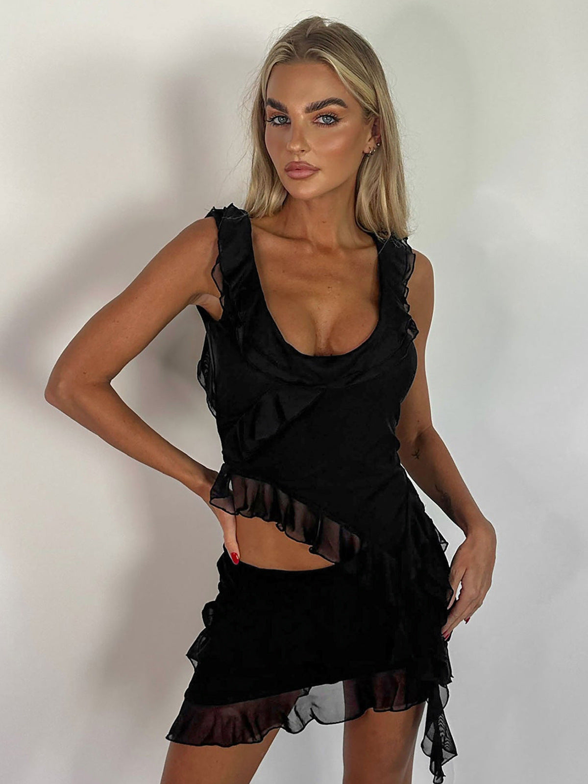 Asymmetric Ruffle Two-Piece Skirt Set with Sheer Trim