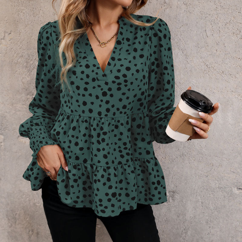 Leopard Print Peplum Blouse with Puff Sleeves